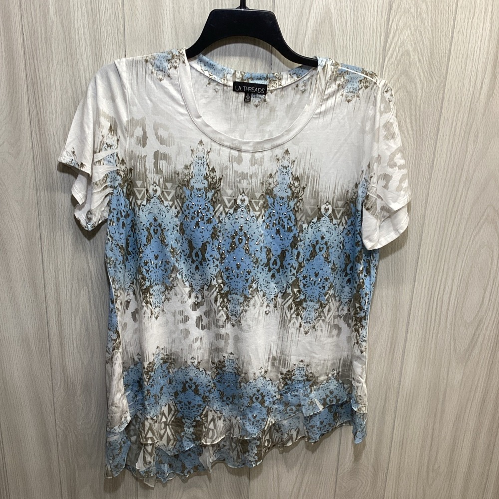 LA THREADS Women's (Size 1X) Short Sleeve Crew Neck Shirt Stretch Hem Accent